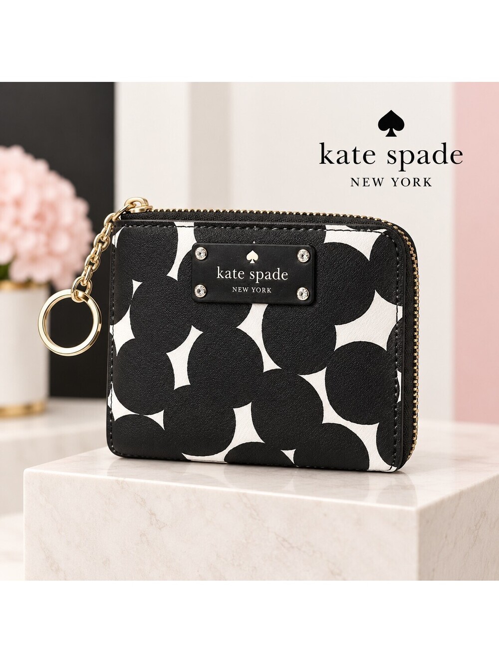 Kate Spade Black White Polka Dot Mini Zip Wallet Key Ring